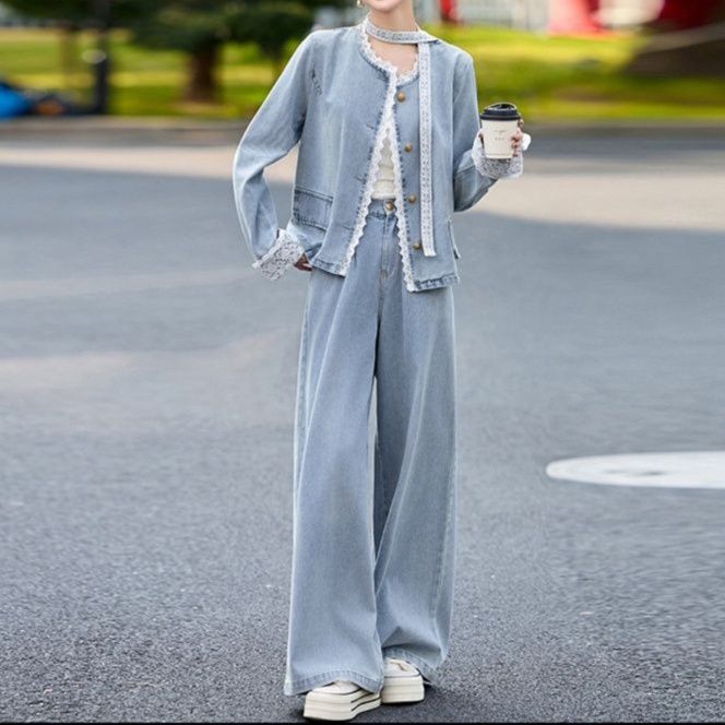 レース装飾ノーカラーデニムジャケット＆ワイドパンツ ゆったり大人フェミニンセットアップ