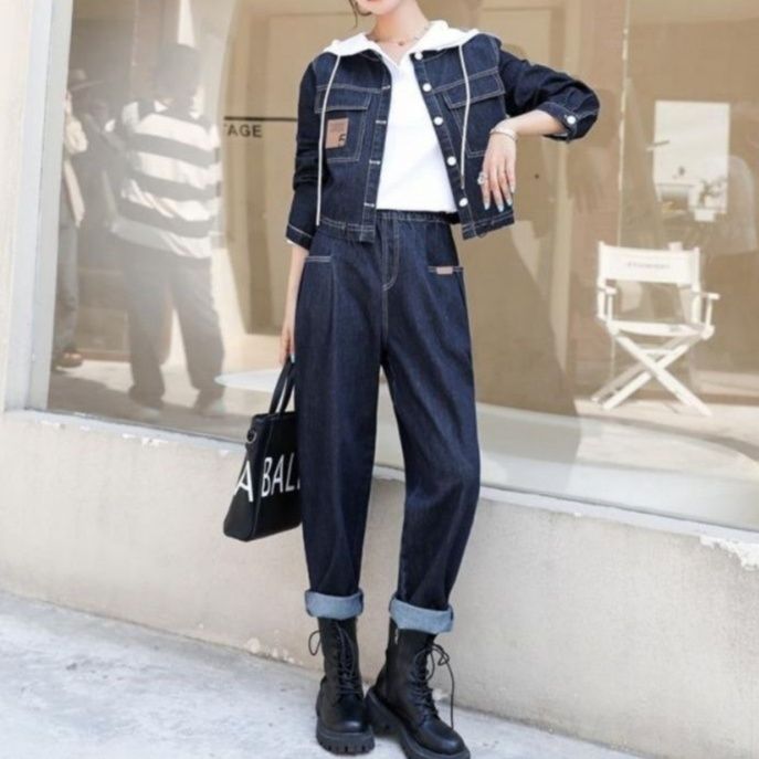 ワーク風ショートデニムジャケット&ワイドパンツ 小柄さん向け 細見え欧風カジュアルセットアップ