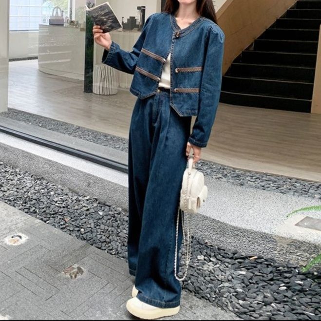 ノーカラーショートジャケット&ワイドパンツ 着回し万能 上品垢抜けデニムセットアップ