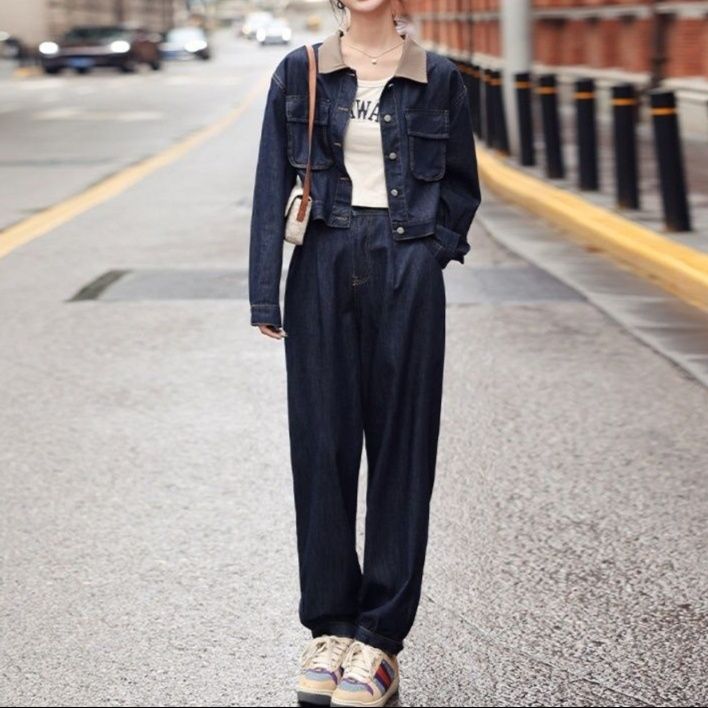 配色切替ショートデニムジャケット&リラックスワイドパンツ 小柄さん向け きれいめカジュアルセットアップ