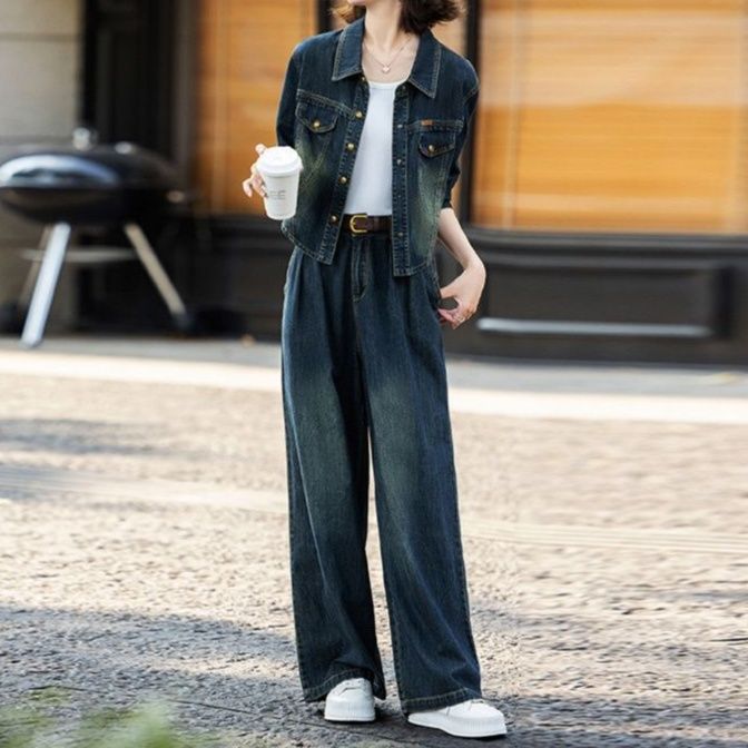 シンプルコンパクトジャケット＆ワイドパンツ クール可愛い 上品細見えデニムセットアップ