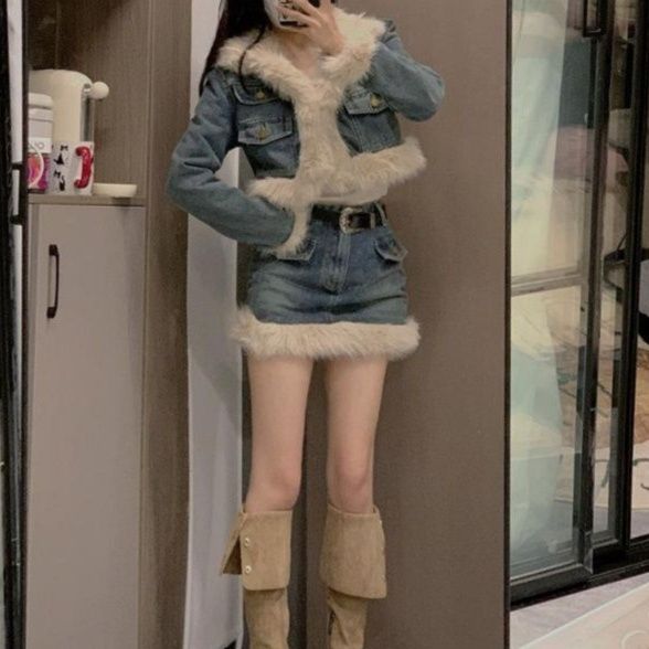 もこもこファー付きショートデニムジャケット＆タイトミニスカート あったか中綿入り 大人ギャル系甘辛セットアップ