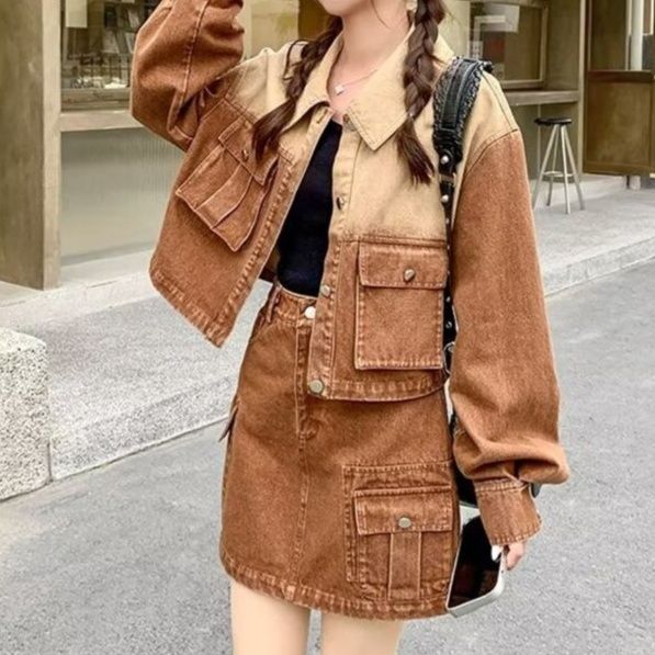 グラデーションショートジャケット×ハイウエストミニスカート クール可愛い ワークテイストブラウンデニムセットアップ（上下別売り）