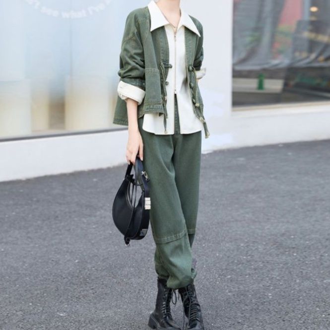 モダンチャイナデニムジャケット＆クロップドワイドパンツ ゆったりレトロ風 クールカジュアルセットアップ