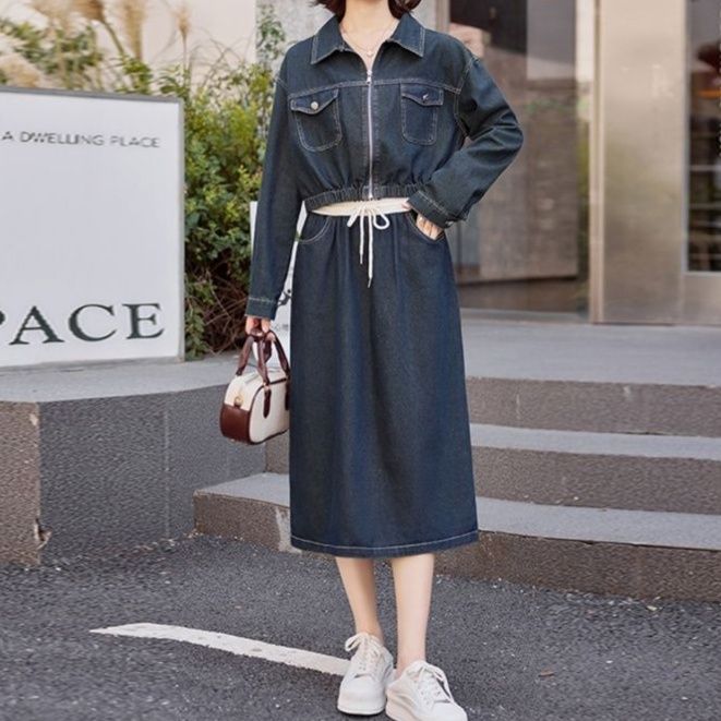 デニムセットアップ ゆったりクラシカルジャケット＆スリットミディスカート シンプル万能 大人カジュアル2点セット