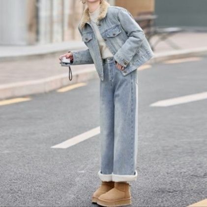 ボア襟デニムジャケット＆ストレートワイドパンツ 上品色落ち ゆったりカジュアルセットアップ