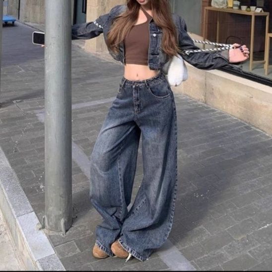 ヴィンテージ風ショートデニムジャケット×ハイウエストワイドパンツ 今っぽ細見え ギャル系アメカジセットアップ(上下別売り)