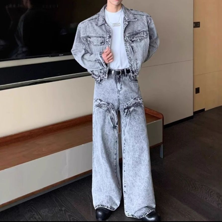 ルーズフィットグレーデニムジャケット×ストレートワイドパンツ メンズ向け 韓国系ワイルドセットアップ