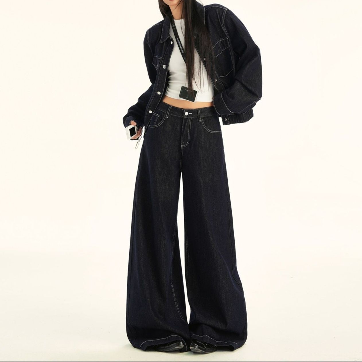 配色ステッチダークデニムジャケット＆ワイドパンツ 高見えレトロカジュアルセットアップ（上下別売り）