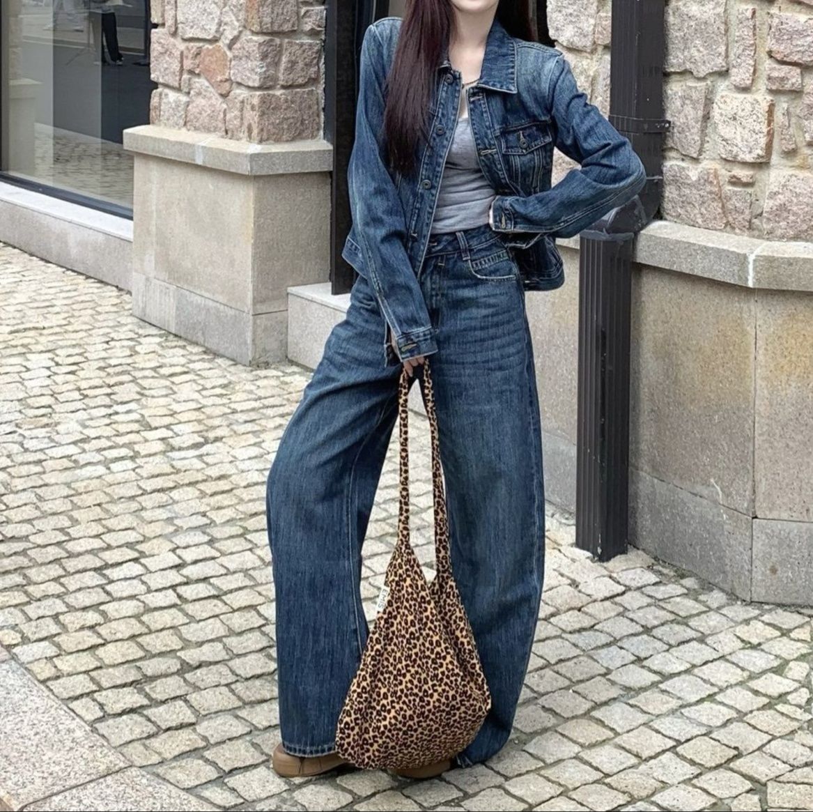 ウォッシュ加工デニムジャケット＆ハイウエストワイドパンツ 韓国風細見えカジュアルセットアップ（上下別売り）