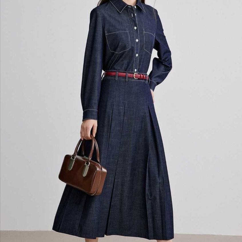 ダークデニムセットアップ クラシカル長袖シャツ&プリーツロングスカート きれいめフェミニンツーピースセット