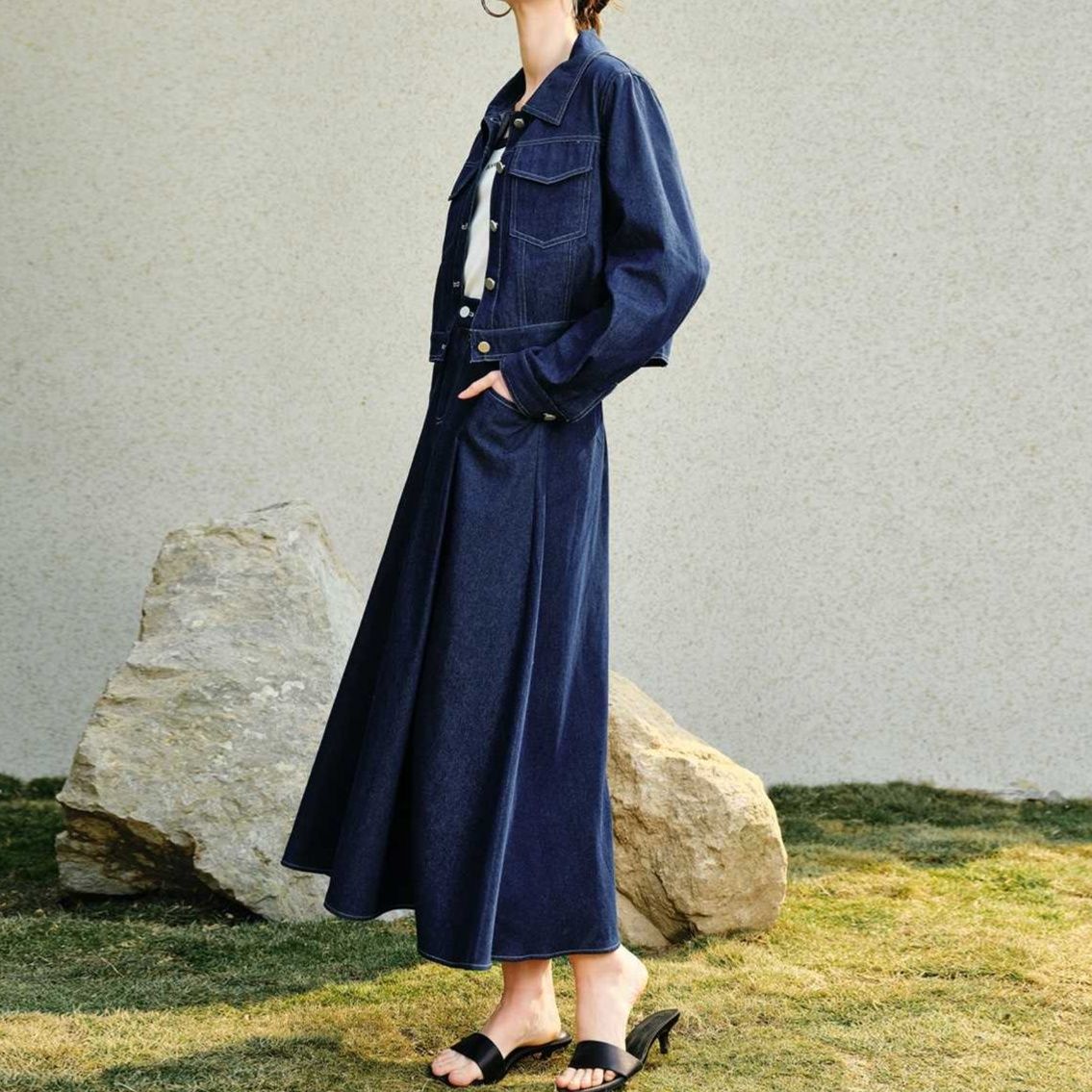 襟付きベーシックショートデニムジャケット＆フレアロングスカート 着回し力抜群 きれいめカジュアルセットアップ
