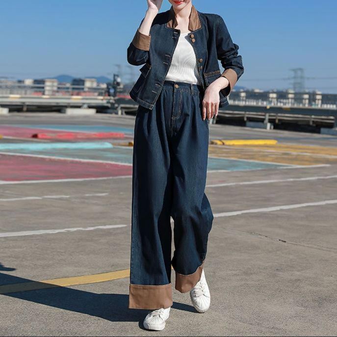 デニムセットアップ 上品フェミニン 配色切り替えショート丈ジャケット＆ハイウエストワイドパンツセット