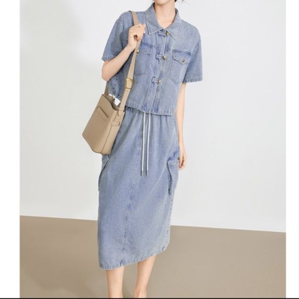 デニムセットアップ モダンチャイナ風半袖ジャケット＆タイトミディスカート 大人フェミニン2点セット