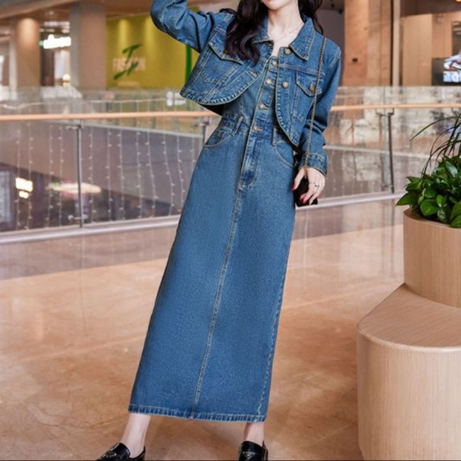 デニムセットアップ ショート丈ジャケット&タイトワンピース 大人可愛い 細見えフェミカジ2点セット