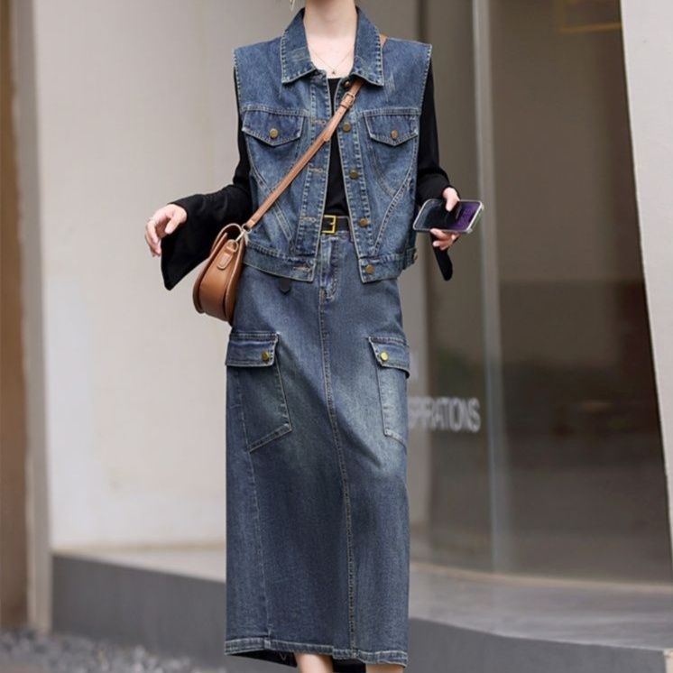 デニムセットアップ ゆったり襟付きベスト&バックスリットミディスカート ヴィンテージ風上品高見え2点セット