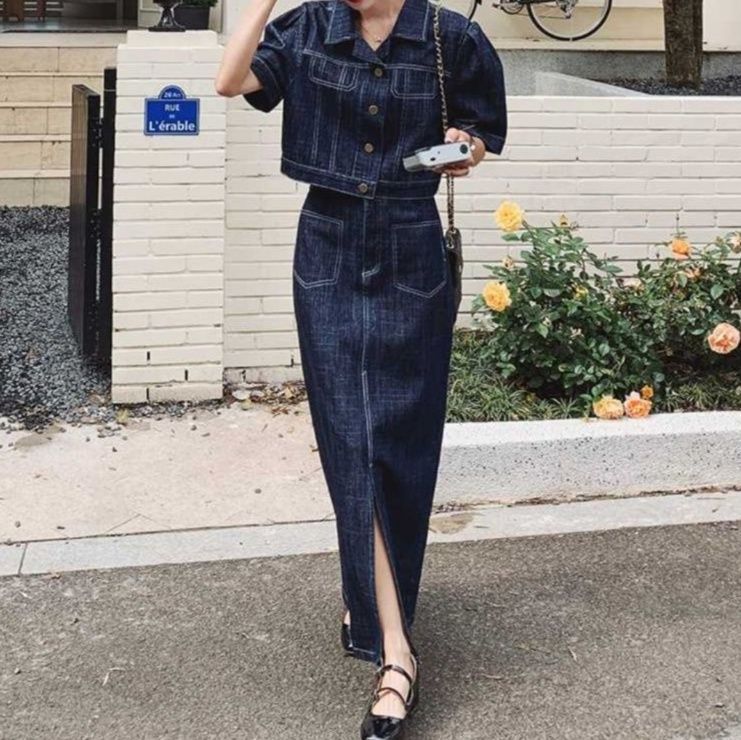 半袖デニムコンパクトジャケット&フロントスリットロングスカート シンプル万能 上品細見えセットアップ