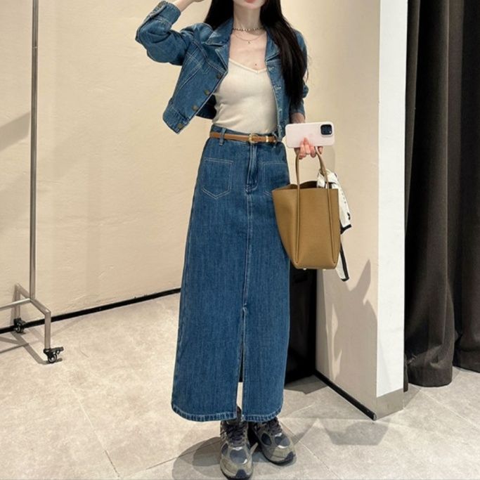 ウォッシュ加工デニムショートジャケット＆Iラインロングスカート 着回し抜群 香港レトロ風セットアップ