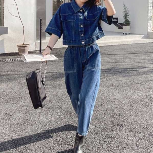 デニムセットアップ 半袖ショートジャケット×クロップドワイドパンツ 塩系垢抜け ワークテイスト2点セット