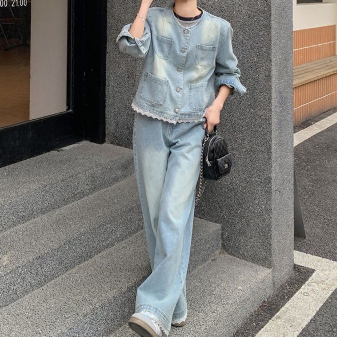 デニムセットアップ レース装飾ノーカラージャケット・ワイドパンツ 小柄さん向け ゆる可愛い レトロフェミニンツーピースセット