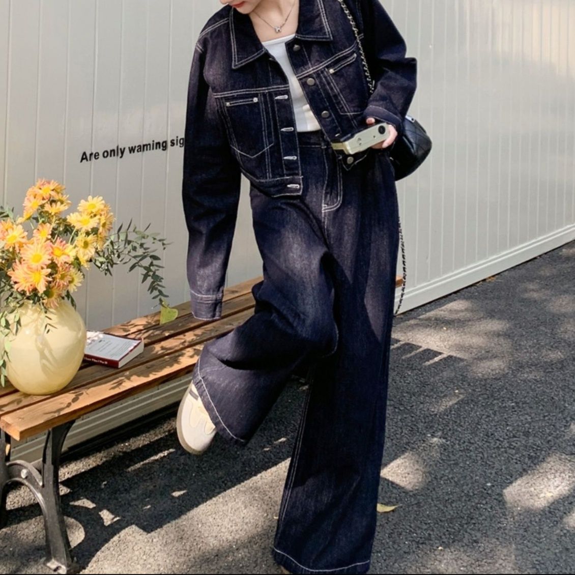 デニムセットアップ 白ステッチショートジャケット×ワイドパンツ 上品高見え 塩系レトロ2点セット