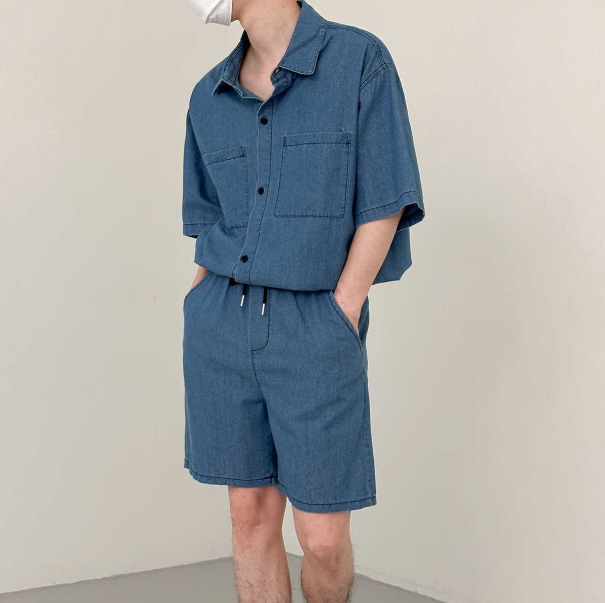 リラックス半袖シャツ×ハーフパンツ メンズ向け 万能クール系 ワークテイスト薄手デニムセットアップ