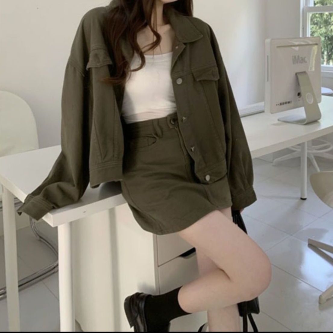 デニムセットアップ ゆったり長袖ジャケット×Aラインミニスカート 細見えレトロアメリカン上下セット