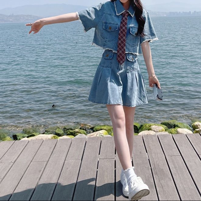 デニムセットアップ フリンジ半袖ショートトップス＆フレアミニスカート 爽やかガーリー2点セット