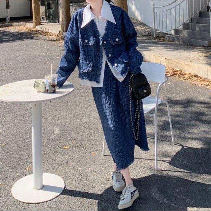 デニムセットアップ フリンジデザインジャケット・大きめ襟シャツ・バックスリットロングスカート 大人フェミニン3点セット