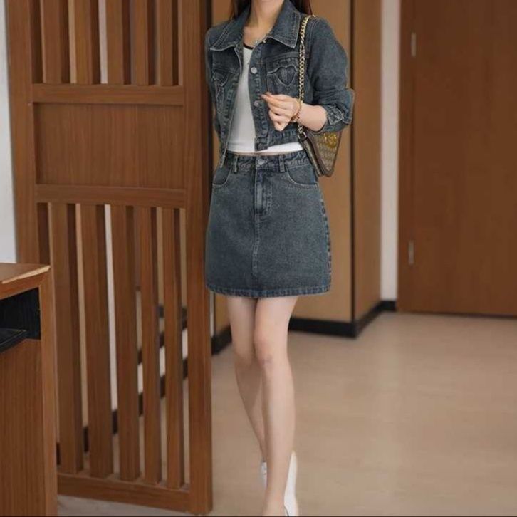 デニムセットアップ ショートデニムジャケット＆Aラインミニスカート レトロきれいめ上下セット