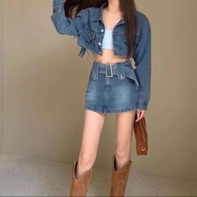 デニムセットアップ クロップドジャケット・ベルトデザインタイトミニスカート こなれフェミカジセット