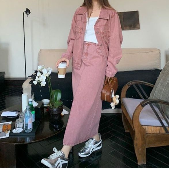 オーバーサイズジャケット＆フロントスリットロングスカート 大きめサイズ◎ ヴィンテージ風ピンクデニムセットアップ（上下別売り）