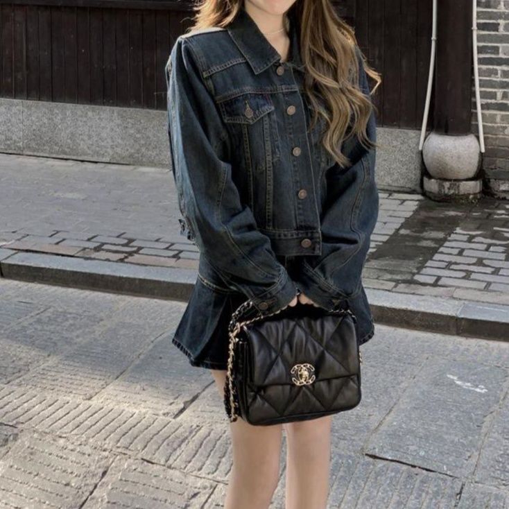 ショートデニムジャケット×フレアミニスカート ゆったりきれいめ カジュアルガーリーセットアップ（上下別売り）