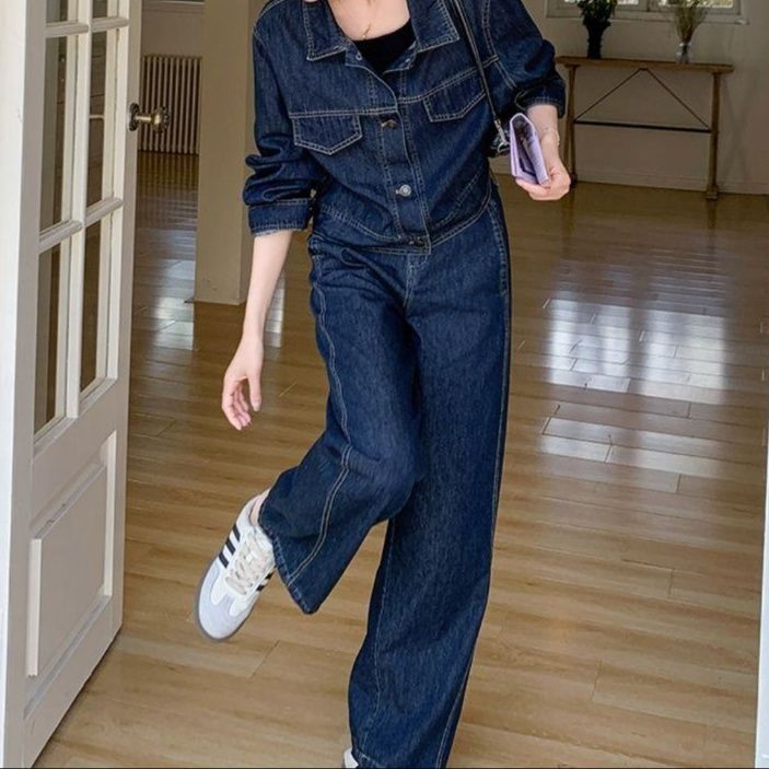 デニムセットアップ 香港風長袖ジャケット＆ハイウエストワイドパンツ 着回し力抜群 上品細見えツーピース