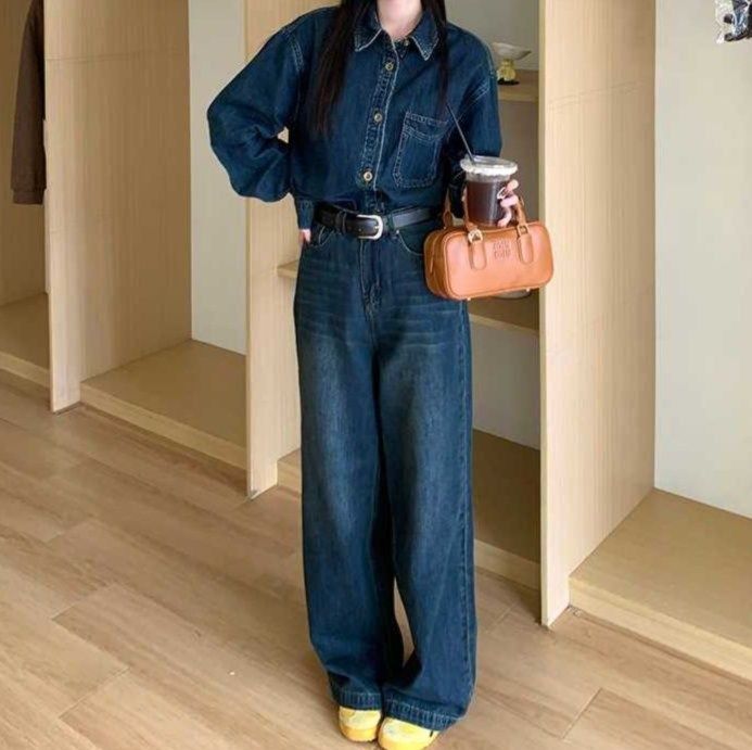 デニムセットアップ ゆったり長袖シャツ×ワイドロングパンツ レトロカジュアルセット