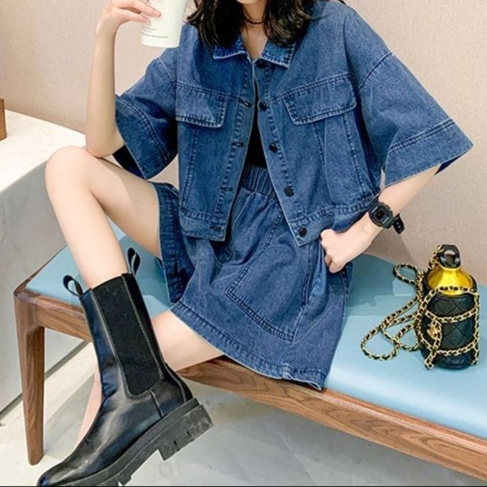 デニムセットアップ 五分袖ジャケット×ワイドショートパンツ 大きめサイズ◎ ゆる可愛い夏の街映え2点セット