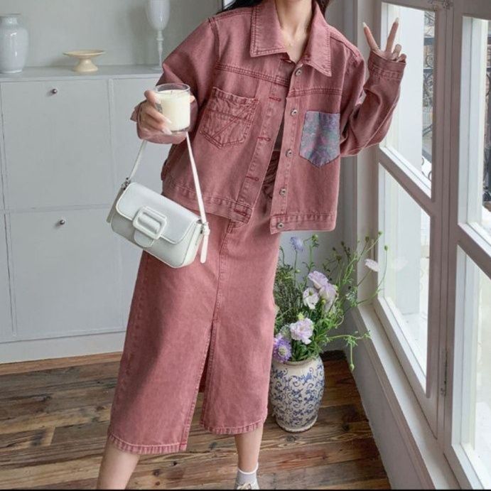 配色切り替えジャケット×フロントスリットミディスカート 大人可愛い