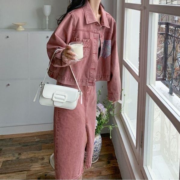 配色切り替えジャケット×フロントスリットミディスカート 大人可愛い