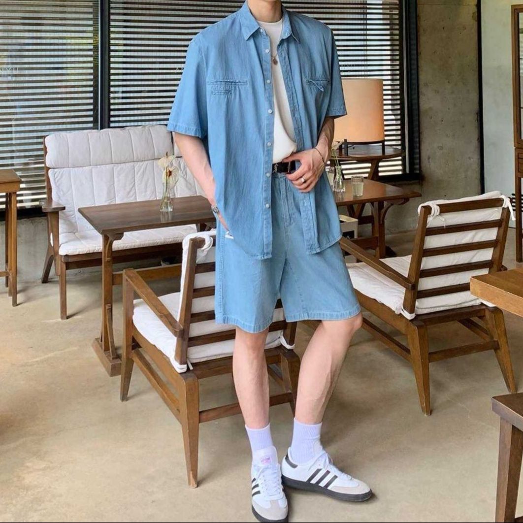 ワイドシルエット半袖シャツ＆ハーフパンツ シンプル万能 メンズ夏向け