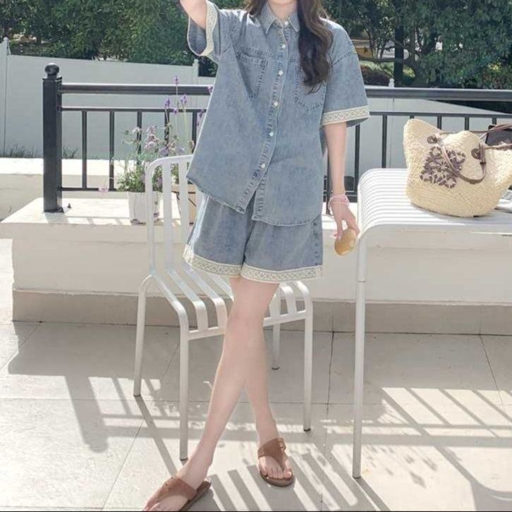デニムセットアップ レース装飾半袖シャツ&ゆったりショートパンツ 夏の甘辛フェミニン2点セット