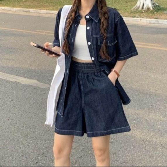 デニムセットアップ ゆったり濃紺半袖シャツ＋ショートパンツ シンプル万能 大人可愛い高見え2点セット