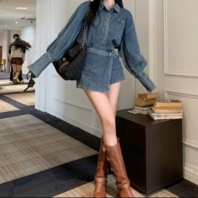 デニムセットアップ ゆったりデニムシャツ×スカートパンツ 存在感のある高見えカジュアル2点セット