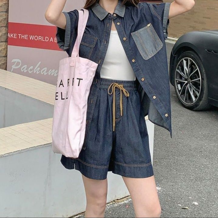 デニムセットアップ 配色切り替え半袖シャツ×ショートパンツ ゆったり抜け感上下セット