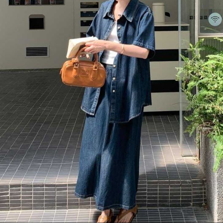 デニムセットアップ 夏向け半袖シャツ+ロングスカート 大人可愛い韓国風2点セット