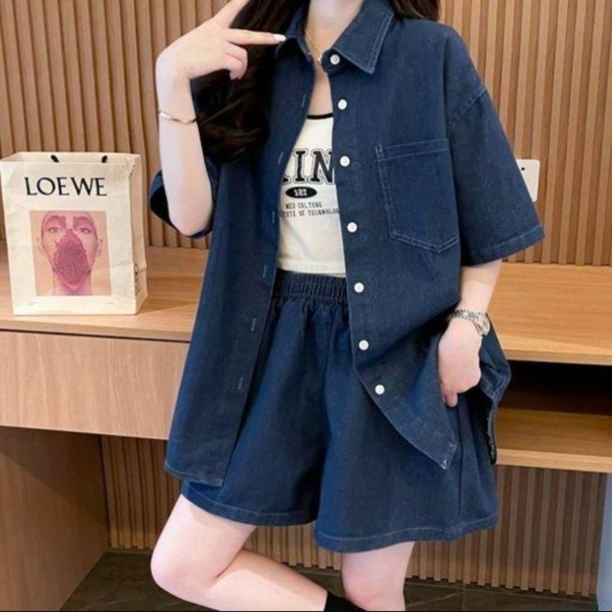 デニムセットアップ 半袖デニムシャツ＆ショートパンツ 夏のリラックス上下セット