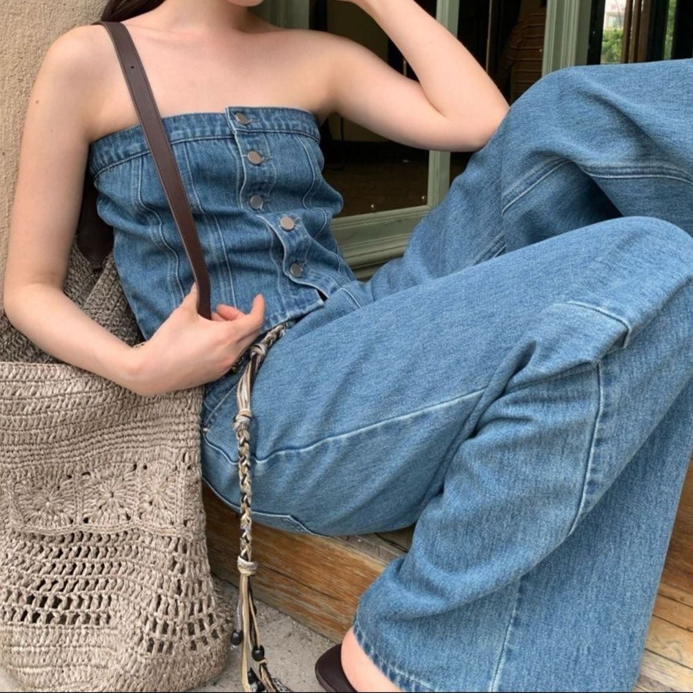 デニムセットアップ ビスチェトップス×ワイドパンツ ヘルシー