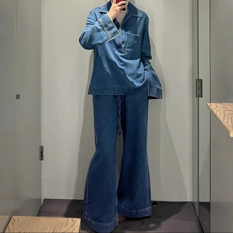 デニムセットアップ オーバーサイズ長袖シャツ＆ワイドロングパンツ 着心地◎ ゆるかわ抜け感2点セット