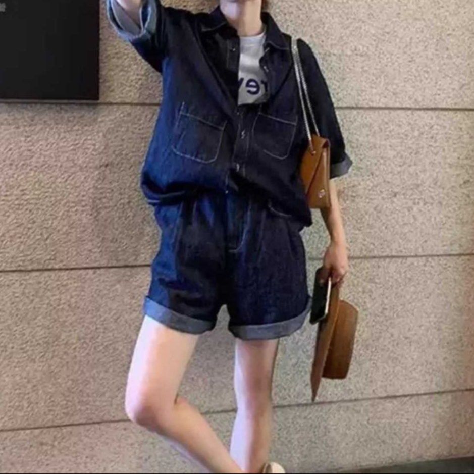 デニムセットアップ 香港風半袖シャツ×ショートパンツ ゆったりカジュアルな塩系2点セット