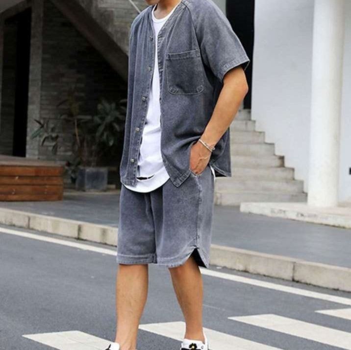 デニムセットアップ 半袖シャツジャケット×ハーフパンツ メンズ夏向け ヴィンテージ風2点セット