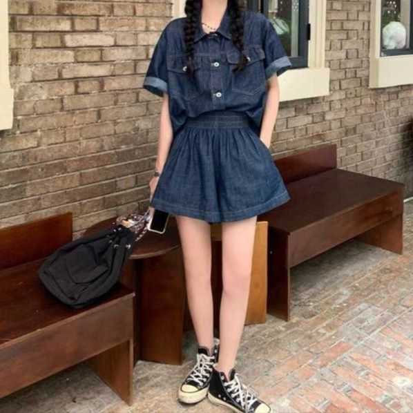デニムセットアップ ゆったり薄手半袖シャツ&ショートパンツ 夏のレトロ塩系2点セット